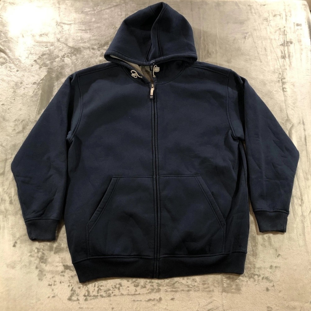 VTG Anchor Blue Hoodie Mens Large Navy Full Zip Fleece Lined Sweatshirt Pockets